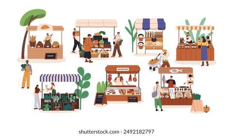 Farmers market stalls. Vendors selling natural organic domestic produce. Buyers at counters, vegetable and butcher shop. Local outdoor fair. Flat vector illustration isolated on white background