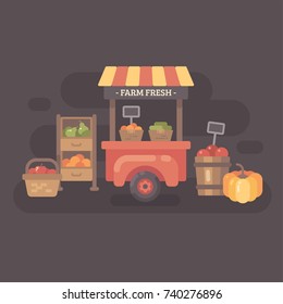 Farmers market stand with fruits and vegetables. Autumn sale flat illustration