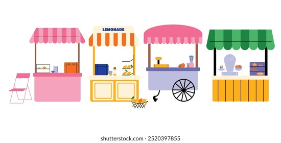 Farmers market, street fair shops. Cartoon illustration of bakery, lemonade, coffee, candy shop street fair stalls. Buyers and sellers make deals and purchases of products.