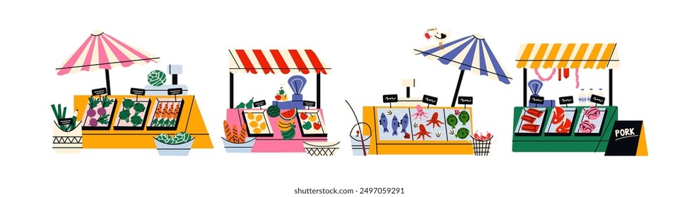 Farmers market, street fair stalls. Cartoon illustration of stalls with organic products, vegetables, fish, meat. Retro characters mascots buyers and sellers make purchases of ingredients.