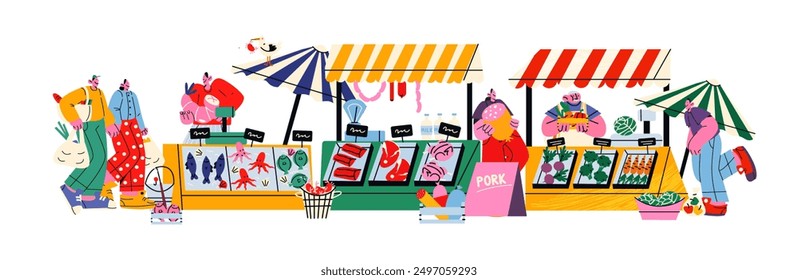 Farmers market, street fair stalls. Cartoon illustration of stalls with organic products, vegetables, fish, meat. Retro characters mascots buyers and sellers make purchases of ingredients.