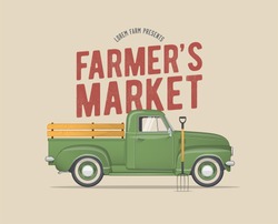 Farmer's Market Themed Vintage Styled Vector Illustration Of The Old School Farmer's Green Pickup Truck For Your Poster Flyer Invitation Postcard Banner Design. 