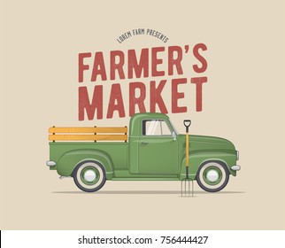 Farmer's Market Themed Vintage styled Vector Illustration of the old school Farmer's Green Pickup Truck for Your Poster Flyer Invitation Postcard Banner Design. 