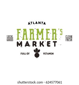 Farmers Market typography emblem design. Vintage roughen and hipster style. Bio, green eco logo template. Isolated on white background. Vector label.
