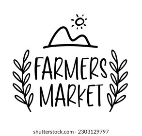 FARMERS MARKET. Vector brush lettering typography - farmers market on a white background. Farm market natural organic product brand sign symbol. Hand drawn logo, doodles badges, icon, label.