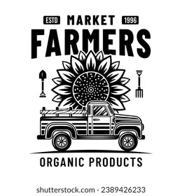 Farmers market vector emblem, badge, label with pickup car and sunflower in black style isolated on white background. Hand drawn. Not AI generated