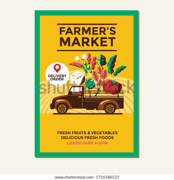 Farmer\'s Market Vector Illustration of\
Farmer\'s Pickup Truck for Poster Flyer\
Invitation