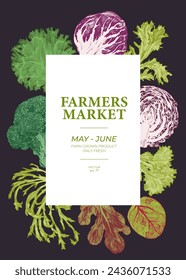 Farmers market vegetable poster template. Hand drawn cabbage and lettuce