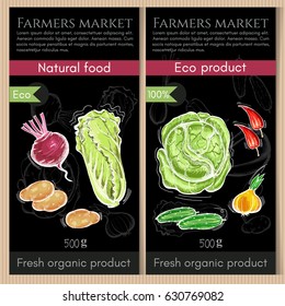 Farmers market vegetables banner. Healthy nutrition concept. Fresh vegetarian healthy food of vector chalk sketch. Fresh potato, carrot, onions, pepper 