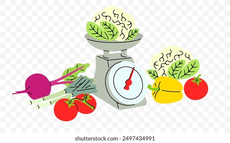 Farmers market, vegetables and scales, graphic design. Food, meal, grocery and agriculture, vector design and illustration