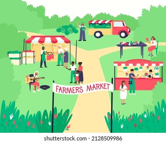 Farmer's market with vendors behind the counters and buyers. Tents with vegetables, flowers, and utensils. Family vacation, walk through the fair. The man plays the guitar. Flat vector illustration.