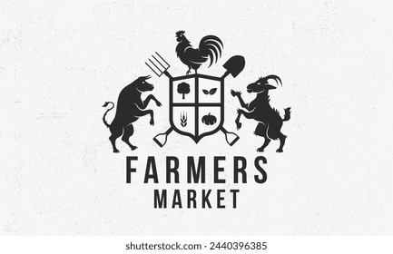 Farmers Market vintage emblem. Organic food store logo with shovel and pitchfork. Bull, Goat and Rooster silhouette. Label, badge, poster for Farmer's market, grocery store. Vector illustration