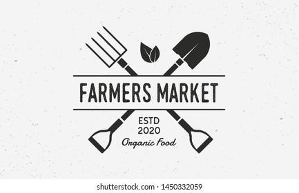 Farmers Market vintage logo. Organic food store logo with shovel and pitchfork. Vector illustration