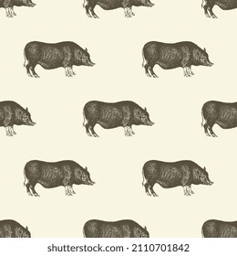 farmers market vintage packaging design, pig engraving silhouette, agriculture wrapping paper, pork, farm animals background, village animal seamless pattern, agicultural hog black and white minimal 