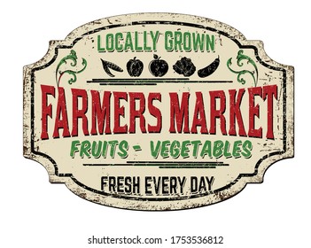 Farmers Market Vintage Rusty Metal Sign On A White Background, Vector Illustration