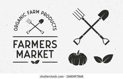 Farmers Market vintage set. Label, badge, poster for Farmer's market, grocery store, food store. Organic food store logo with shovel and pitchfork, pumpkin, leaves. Vector illustration