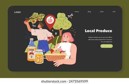 Farmers Market website banner illustration with a woman holding a basket of fruits and a man picking apples. Fresh local produce online. Vector illustration.