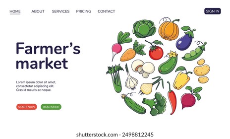 Sitio web del mercado de agricultores, diseño de página de Web con verduras de dibujos animados. Concepto de mercado de agricultores.