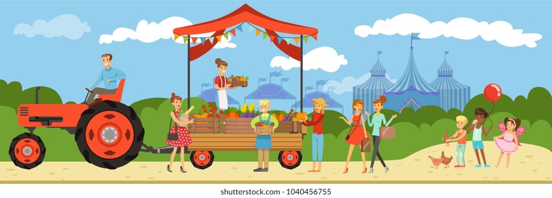 Farmers market, woman standing behind counter with fresh homemade farm products at sunny summer day, horizontal vector Illustration,