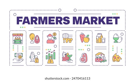 Farmers market word concept isolated on white. Fresh produce. Local food. Farm to table products. Creative illustration banner surrounded by editable line colorful icons