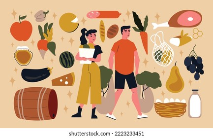 Farmers marketplace big set of homemade milk and meat products fresh fruits and vegetables flat cartoon vector illustration