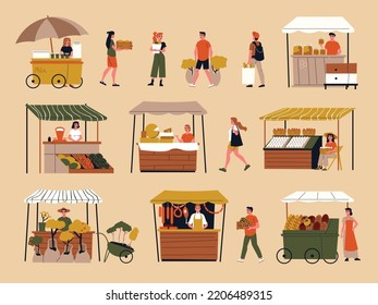 Farmers marketplace color cartoon compositions demonstrated counters with sellers offering handmade farm food isolated vector illustration