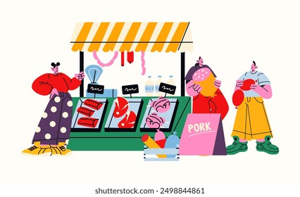 Farmers meat market, street fair stalls. Cartoon shop with organic products: beef, chicken, pork, sausages, homemade meat products . Retro characters mascots buyers and sellers make purchases