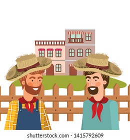 farmers men talking with straw hat