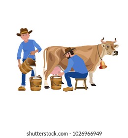 Farmers milking a cow. Vector illustration