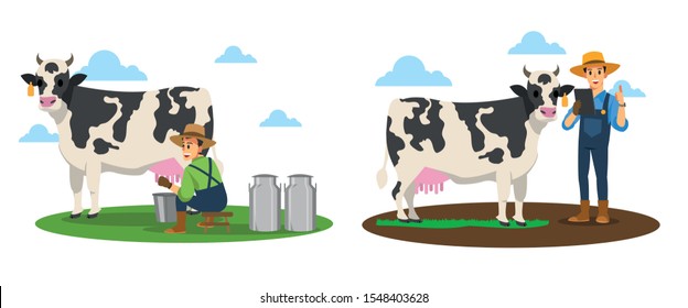 Farmers are milking cows. farmers checking the health of cows. farmer concept.