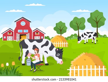 Farmers are Milking Cows to Produce or Obtain Milk with Views of Green Meadows or on Farms in an Illustration Flat Style