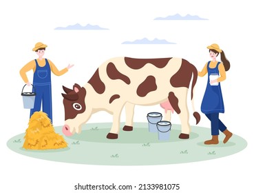 Farmers are Milking Cows to Produce or Obtain Milk with Views of Green Meadows or on Farms in an Illustration Flat Style