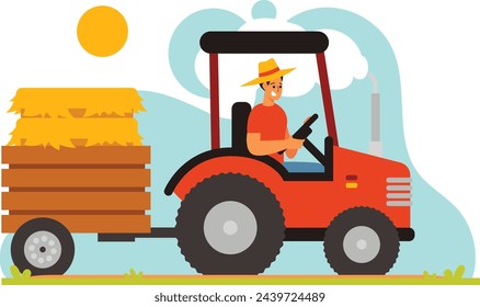 Farmers move straw using a tractor