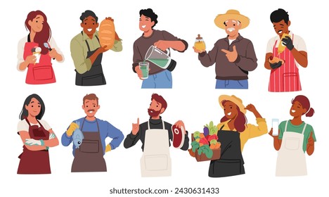 Agricultores Con Producción Natural. Personajes masculinos y femeninos con helado, pan, jugo fresco y miel. Perro Caliente, Carne de Pescado, Verduras y Leche. Ilustración vectorial de personas de dibujos animados