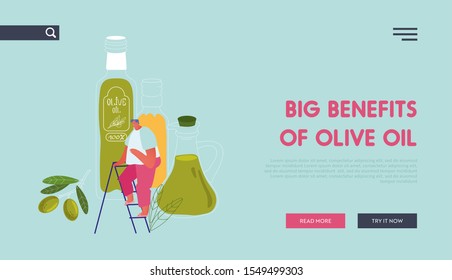 Farmers Natural Oil Product Website Landing Page. Tiny Male Character Stand on Ladder at Huge Extra Virgin Olive Oil Glass Bottles and Green Branch Web Page Banner. Cartoon Flat Vector Illustration
