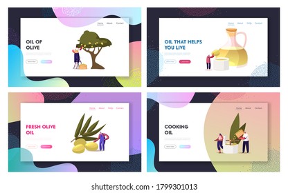 Farmers Natural Production Landing Page Template Set. Tiny Characters around of Huge Extra Virgin Olive Oil Glass Jug Growing, Collecting and Pressing Fresh Olives. Cartoon People Vector Illustration