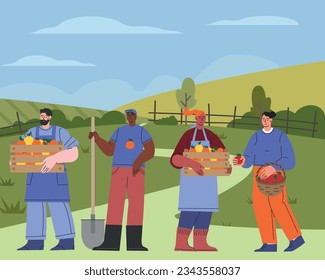Agricultores en ilustración de vector plano agrícola. Conjunto de diferentes agricultores. Trabajadores agrícolas cosechando cultivos. Campo, tierra de cultivo, concepto de agricultura. Ilustración del vector