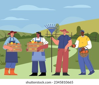 Farmers on farm flat vector illustration. Set of different farmers. Agricultural workers harvesting crops. Countryside, farmland, agriculture concept. Vector illustration