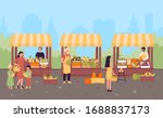 Farmers organic market in modern city street flat vector illustration concept. People sell own growth green natural eco products, fruits and vegetables. Seasonal sale local farm shop.