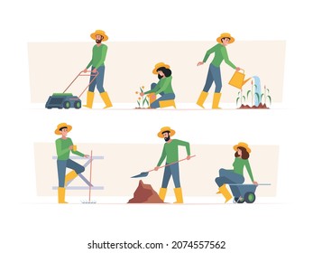Farmers. Outdoor village workers people with garden plants agricultural flat garish vector illustrations set isolated