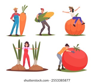 Farmers. People crop care harvesting time exact vector characters with big pumpkin carrot fruits and vegetables