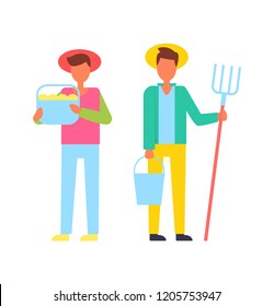 Farmers people with tools hayfork pitch and bucket filled with ripe fruits. Harvest and gathered production from farm farming males icons set vector