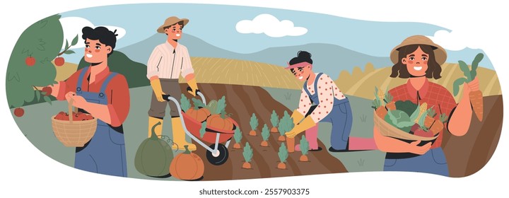 Farmers pick crops. Happy male and female farm workers harvesting vegetables and fruits in garden or rural field. Agriculture, Farming and Cultivation. Flat vector illustration isolated on background