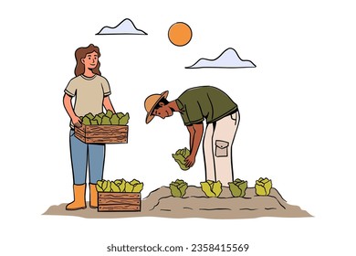 Farmers picking crops, Agricultural workers on farmland, Harvest season. People at farm vector flat illustration.