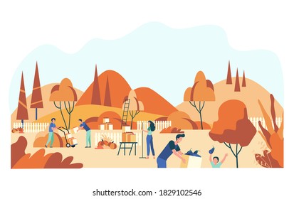 Farmers picking harvest in garden isolated flat vector illustration. Autumn season, fruits in crate and people on plantation. Agriculture and farm concept