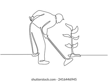 Farmers plant trees in continuous one line drawing. Plantation ecology concept. Minimalist vector illustration with editable stroke.