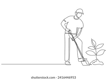 Farmers plant trees in continuous one line drawing. Plantation ecology concept. Minimalist vector illustration with editable stroke.