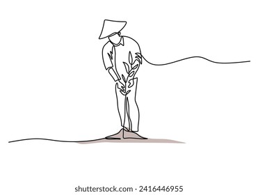 Farmers plant trees in continuous one line drawing. Plantation ecology concept. Minimalist vector illustration with editable stroke.