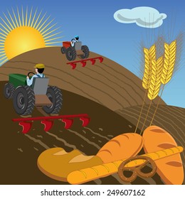 Farmers plowing the land with tractors, with bread and wheat ears in foreground