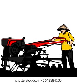 farmers plowing their fields using a tractor vector illustration